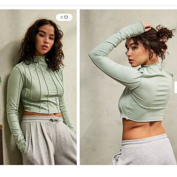seam ribbed detail long sleeve crop top in sage green - Picture 1 of 8